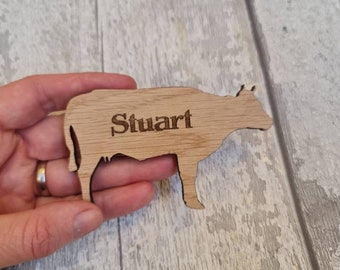 Wedding place name settings wooden shape of a cow. Wedding favour farmers wife. Name tag