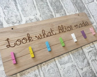Peg board for nursery / school work look what I made. Can  be personalised. Children's artwork display with pegs