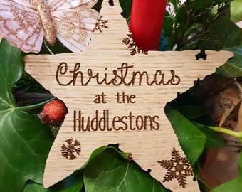 Hanging Wooden personalised engraved star tree topper. Christmas at the