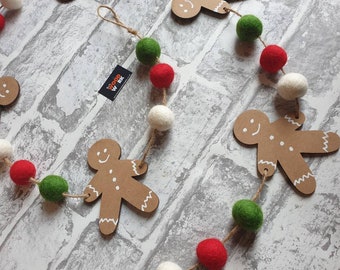 Christmas garland 120cm festive bunting gingerbread man and  Green Red and white pom poms