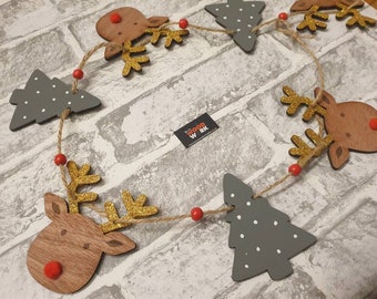 Reindeer & grey christmas tree Christmas festive bunting / garland 120cm/300cm long mantle piece// stairs garland. Handpainted