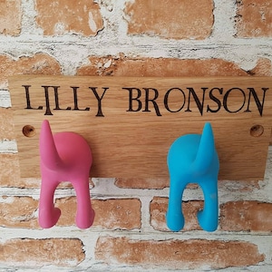 May include: A wooden coat rack with the name "Lilly Bronson" engraved on it. The rack has two dog-shaped hooks, one pink and one blue.