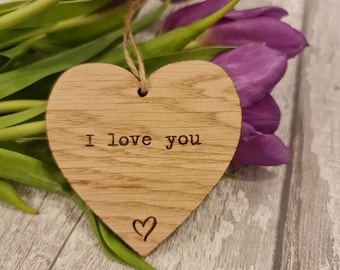 I love you. Wooden hanging heart. Valentines gift couples present. Trinket gift