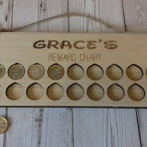 Wooden personalised reward chart, pocket money. Personalised & Holds pound coins image 2