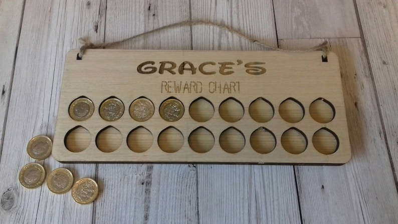 Wooden personalised reward chart, pocket money. Personalised & Holds pound coins image 2