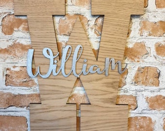 Large name initial wall art. Oak veneer letter name. 30x25cm nursery bedroom door wall art