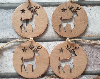 Wooden rustic Christmas tree decorations set of 4. Reindeer decorations