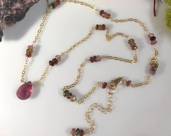 Goldfilled Tourmaline Necklace: Pink Teardrop Briolette, Beaded Gemstone Jewelry
