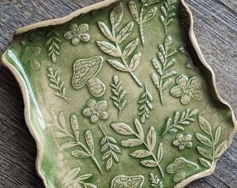 Ceramic Jewelry Dish/Trinket Dish, Dessert Plate - Green Square