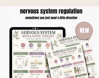May include: A digital nervous system regulation toolkit document featuring the text Nervous System Regulation Toolkit, Simple Ways to Shift From Stress to Calm, and various instructional sections with icons, botanical illustrations, and calming color palettes.