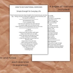 May include: Two-page document with instructions for functional exercises. The text includes exercise descriptions, helpful tips, and a reminder to celebrate progress. The document is designed to be printed and followed.