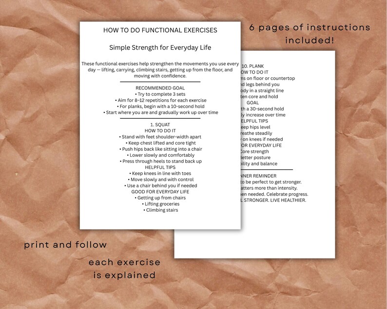 May include: Two-page document with instructions for functional exercises. The text includes exercise descriptions, helpful tips, and a reminder to celebrate progress. The document is designed to be printed and followed.