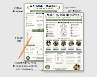 May include: A two-page PDF walking tracker for menopause featuring sections titled Walking for Menopause, Stronger Body, Calmer Mind, Every Step, Why Walking Matters, How Much to Walk, Types of Walking to Try, and a weekly walking plan example.