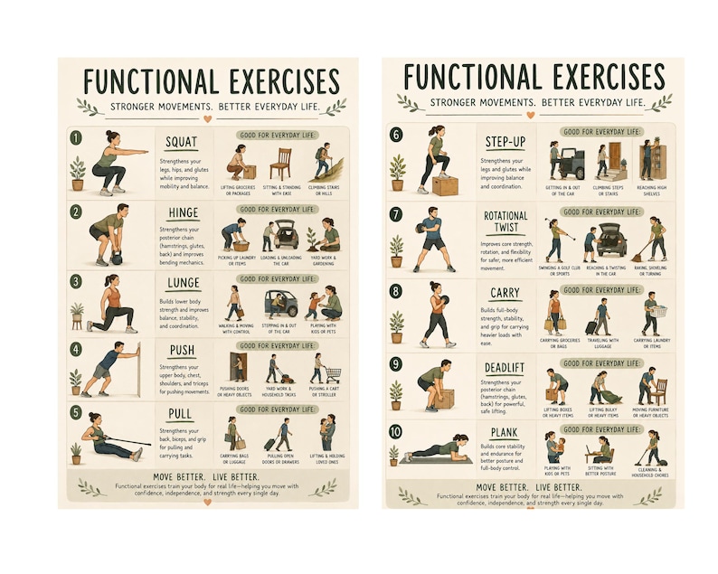May include: Two beige posters with illustrations of functional exercises. The posters have the text "FUNCTIONAL EXERCISES" at the top, with exercise names like "Squat" and "Step-Up". The posters also include the text "MOVE BETTER. LIVE BETTER."