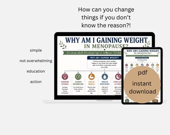 May include: A digital infographic displayed on a laptop and tablet screen titled Why Am I Gaining Weight In Menopause? The chart features icons and text explaining factors like hormone changes, slower metabolism, loss of muscle, and insulin resistance.
