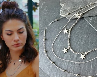 Erkenci Kus Turc Dizi Sanem Argent Sterling Acier Inoxydable Star Charm 3 Brins Multistrand Collier // Silver Choker // Fabriqué en France