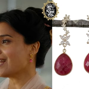 Bridgerton Lady Mary Kate Sharma Earrings INSPIRED Vintage Gold Plated Ruby Pink Red Pendant Flower // Netflix TV Series // Made In France