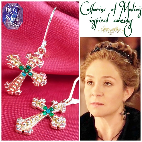 Reign INSPIRED Earrings Marie Medici Queen Mary Gold Plated RenFair Green Swarovski Cross Handmade Cosplay / CW TV Series / Made In France