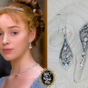 Bridgerton INSPIRED Earrings Daphne Vintage Silver Plated Blue Swarovski Pendant Bride Wedding Prom // Netflix TV Series // Made In France