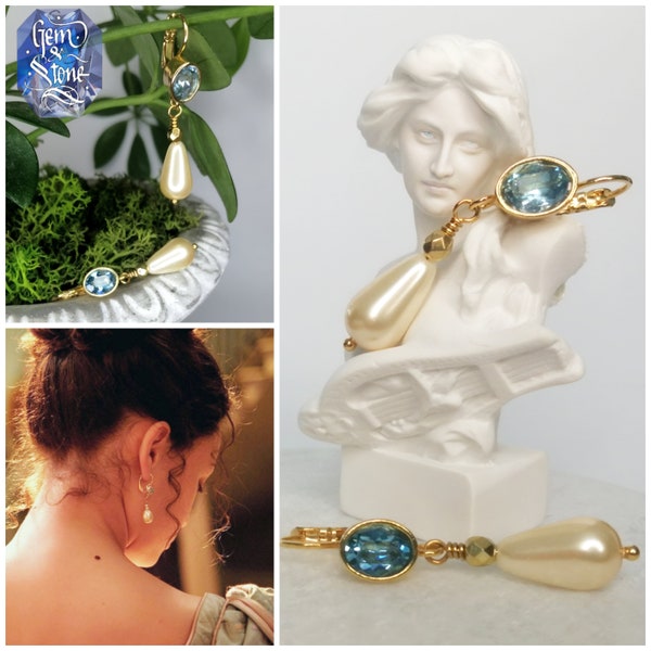 Sanditon INSPIRED Boucles d'oreilles Charlotte Heywood Jane Austen vintage Gold Plated Zircon Pearl Drop Regency // Série TV d'époque // Made In France