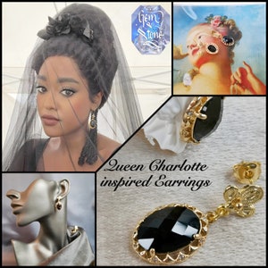 Queen Charlotte INSPIRED Earrings Bridgerton Lady Danbury Vintage Gold Plated Zircon Black // Netflix TV Series // Made In France