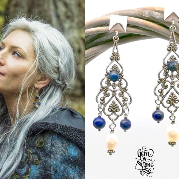 Vikings INSPIRED L@gerth@ Warrior Silver Plated Ethnic Tribal Lapis Lazuli Pearl Earrings // Ancient TV Show Earrings // Made In France