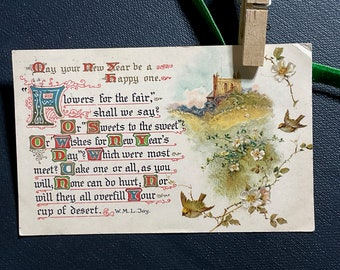 Vintage Happy New Years embossed postcard 1907 No 361 Benjamin Franklin Stamp Printed in Bavaria W.M.L. Jay poem