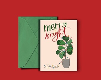 Merry & Bright Greeting Card | hand lettered Christmas Card | Plant Christmas | Greeting Card | Holiday Card