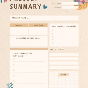 Puede incluir: Un planificador de resumen de proyecto imprimible con secciones para el nombre del proyecto, la categoría, el tamaño del gancho, el patrón comprado, los colores, la lana utilizada, regalo para/vender para/pedidos, objetivos/enfoque y notas. El planer tiene un diseño floral y una mariposa.