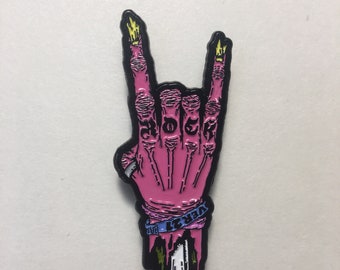 Rock On - pink - soft enamel pin, 2.25 inches