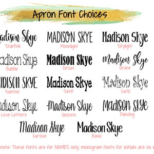 May include: A graphic showing 10 different font styles for the name "Madison Skye" for use on aprons. The font styles are: Starfish, Moonlight, Bubble, Circus, Sunrise, Serif, Skylight, Grace, Curlz, and Dancing.