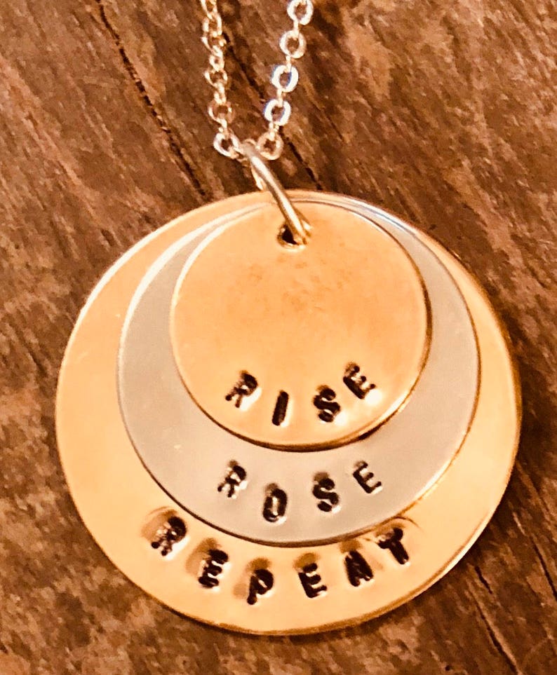 Hand stamped Rise Ros\u00e9 Repeat necklace