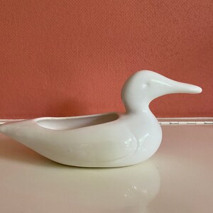 May include: White ceramic duck planter with a rounded body and a long, thin beak. The planter has a small opening on the top for planting.