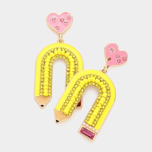 New Womens Boutique Stone Pencil Heart School Rules Embellished Teacher Appreciation Earrings