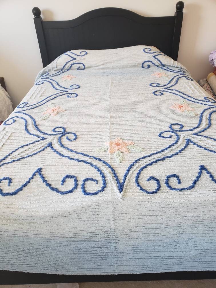 Blue Vintage Chenille Bedspread Etsy