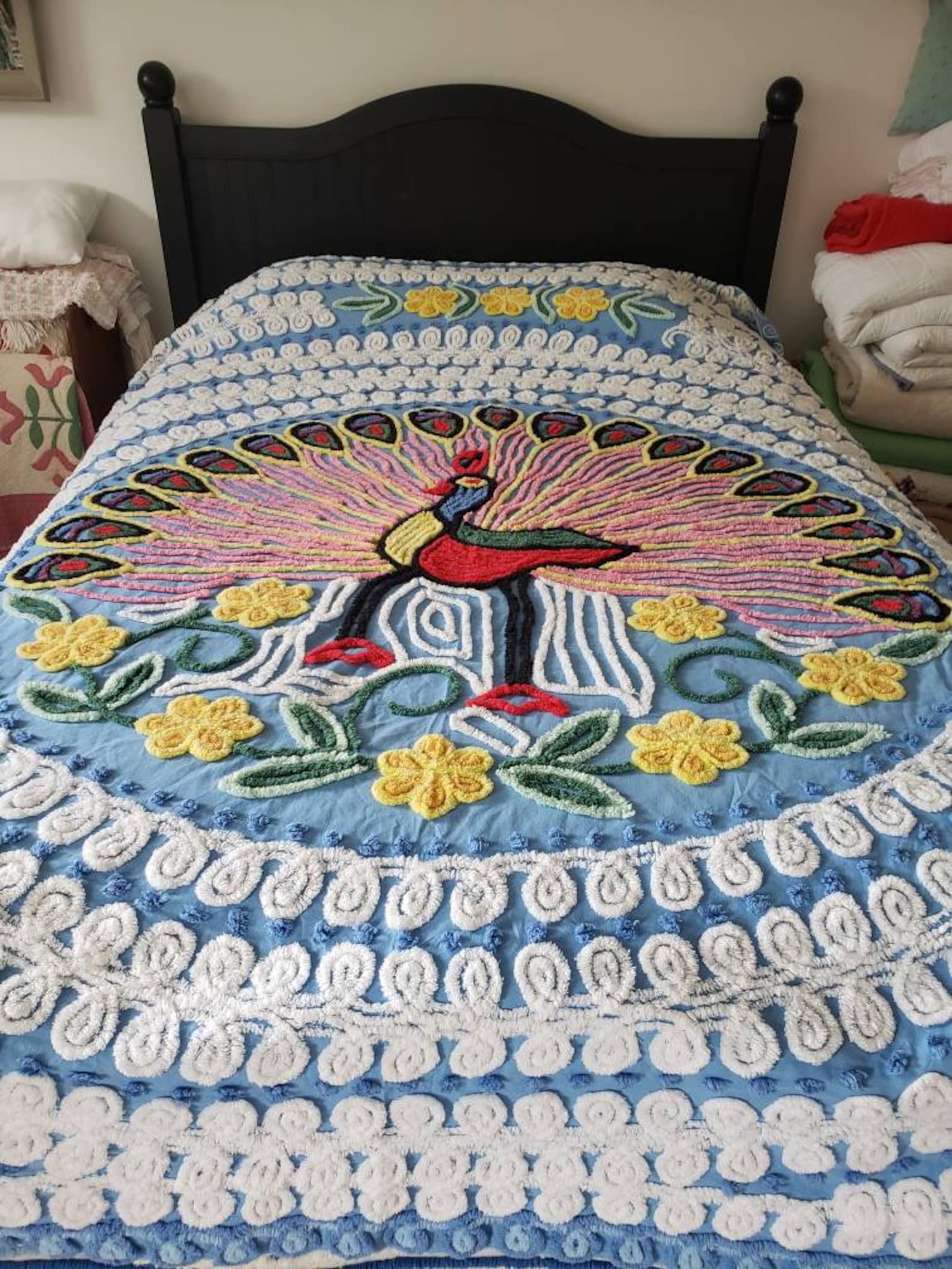 Single Peacock vintage chenille bedspread Etsy