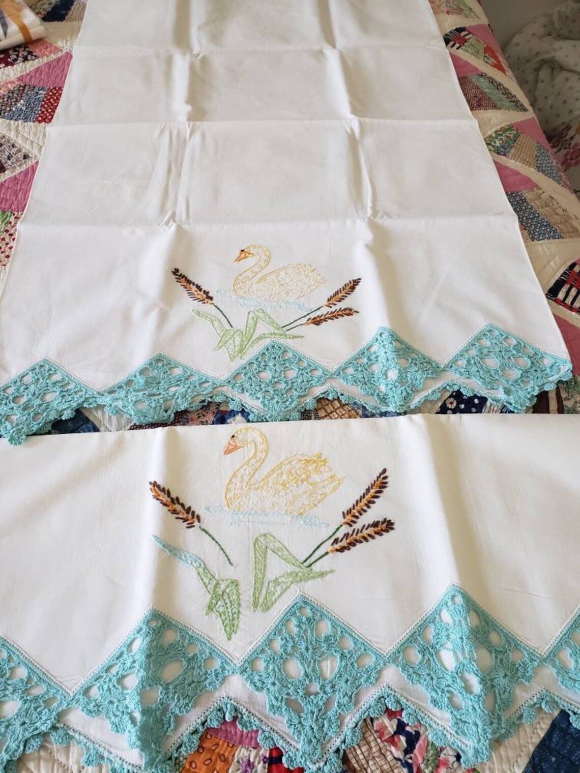 pair of vintage embroidered pillowcases with swans Etsy
