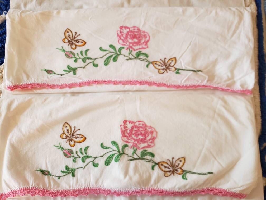 Beautiful pair of vintage embroidered pillowcases Etsy