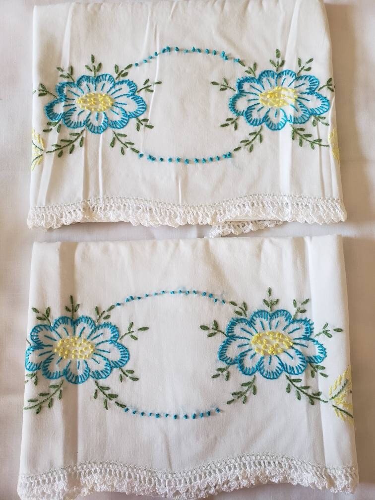 Pair of vintage embroidered pillowcases Etsy