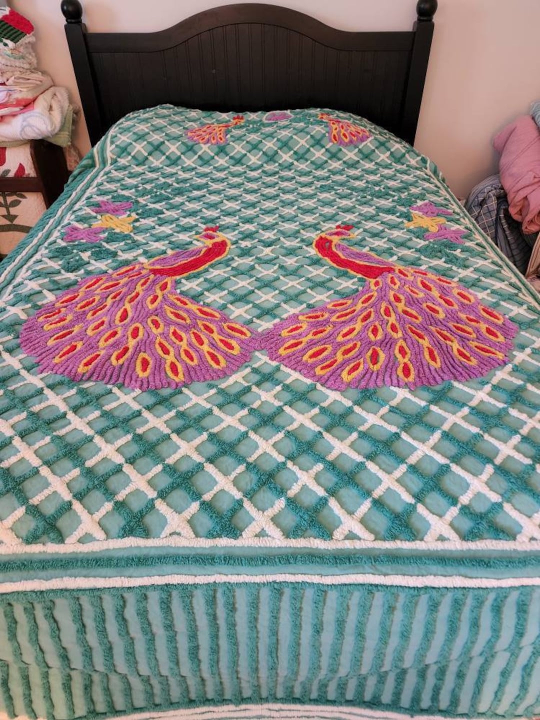 Beautiful Vintage Double Peacock Chenille Bedspread Etsy