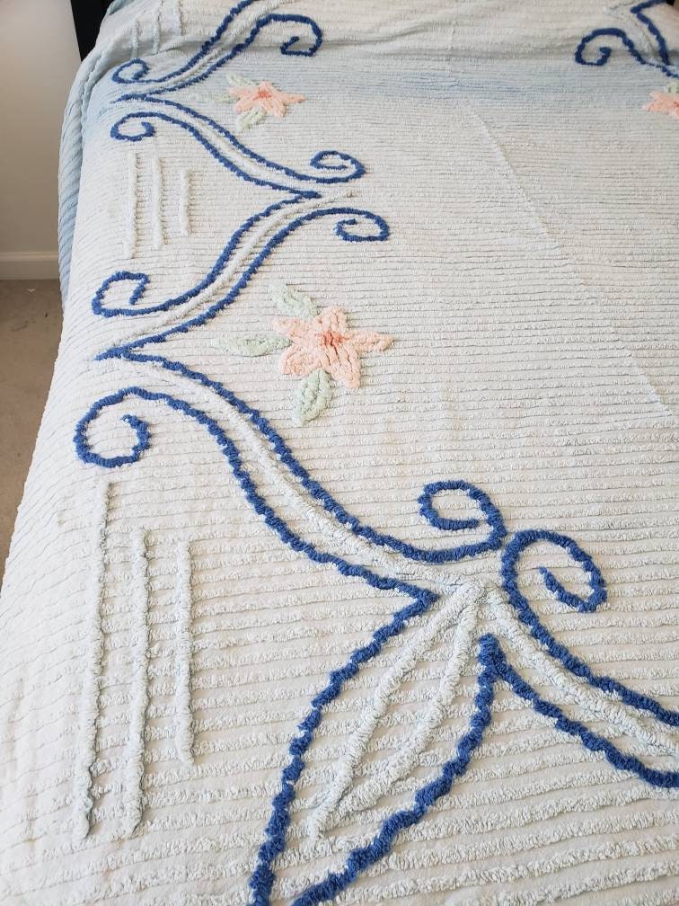Blue Vintage Chenille Bedspread Etsy