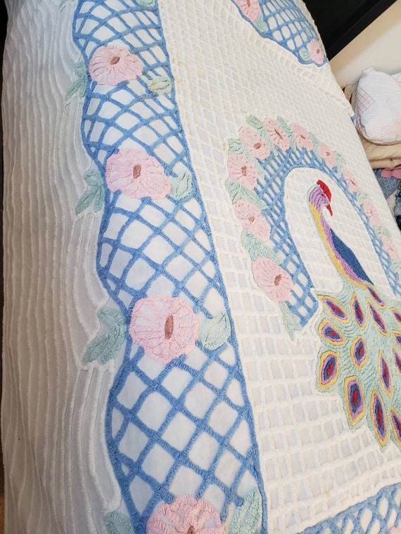Beautiful vintage single peacock chenille bedspread