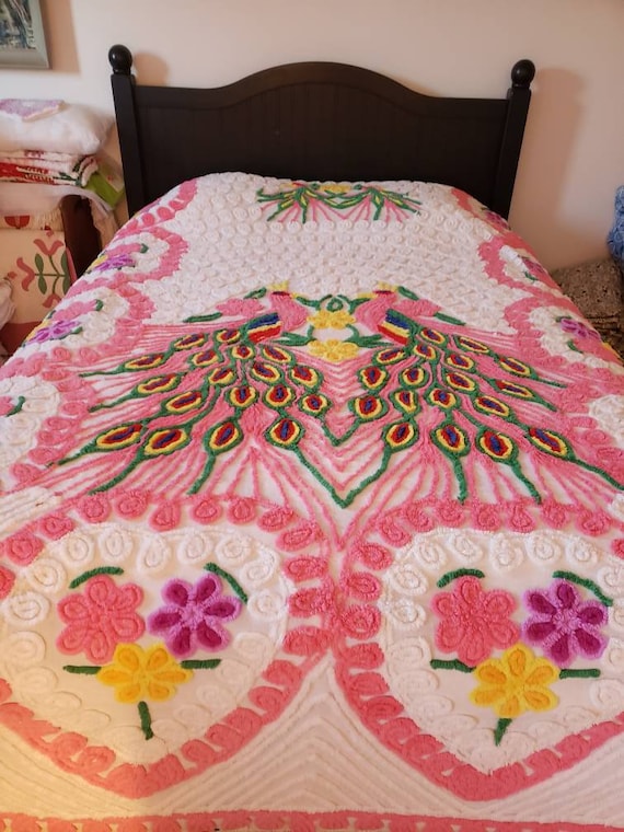 Fabulous Double Peacock Vintage Chenille Bedspread 