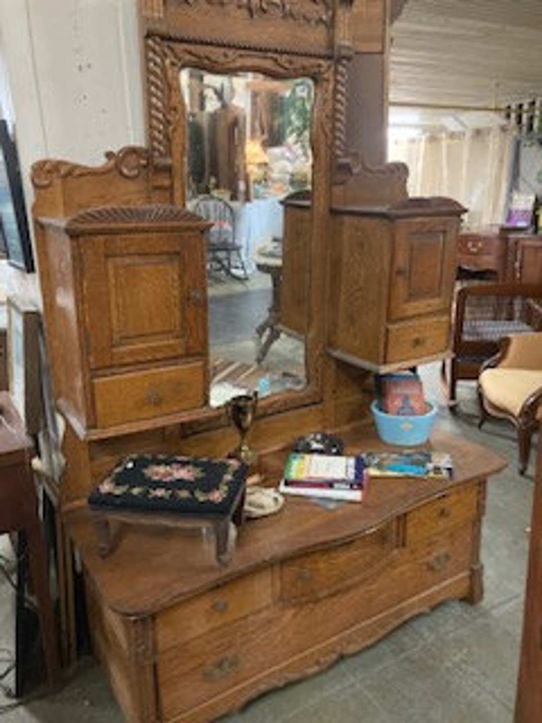 Antique Oak Gentlemans Dresser Bachelor's Chest W Tilt Beveled Mirror