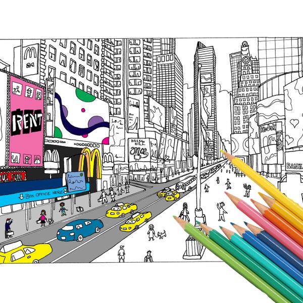 New York City, Adult Coloring Book, Adult colouring page, Adult coloring pages, Adult Colouring Book, Times Square, City Colouring Book