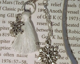 Bookmark, snowflakes, winter, cracked beads, silver, book mark, book bling, OOAK