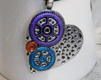 Steampunk Heart Necklace hand painted OOAK