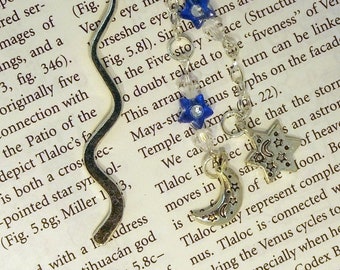 Bookmark, star and moon, blue star beads, silver, book mark, book bling, OOAK