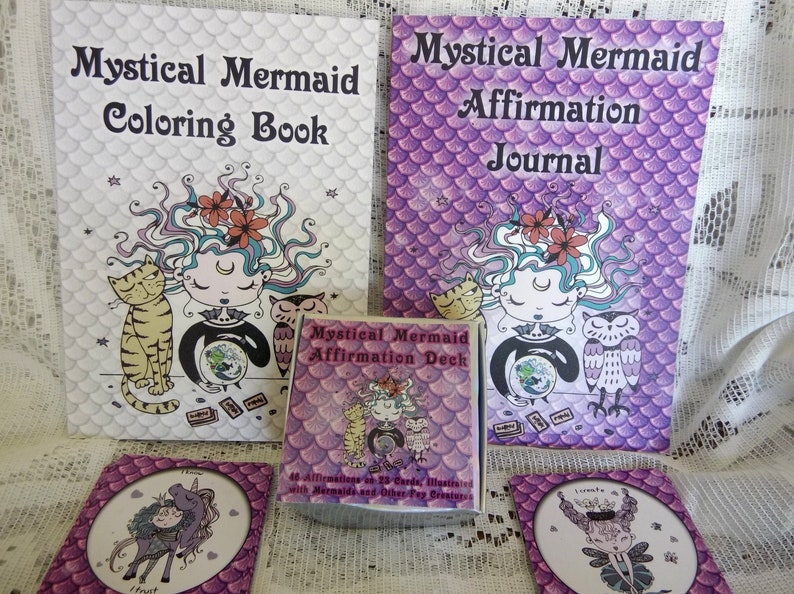Mystical Mermaid Affirmation Card Deck, Coloring Book, and Affirmation Journal Gift Set image 1
