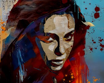 Peut inclure: Une peinture numérique d'une femme aux longs cheveux noirs. Son visage est partiellement caché par ses cheveux, mais ses yeux sont visibles et elle a une expression sérieuse. L'arrière-plan est un motif abstrait bleu et orange.